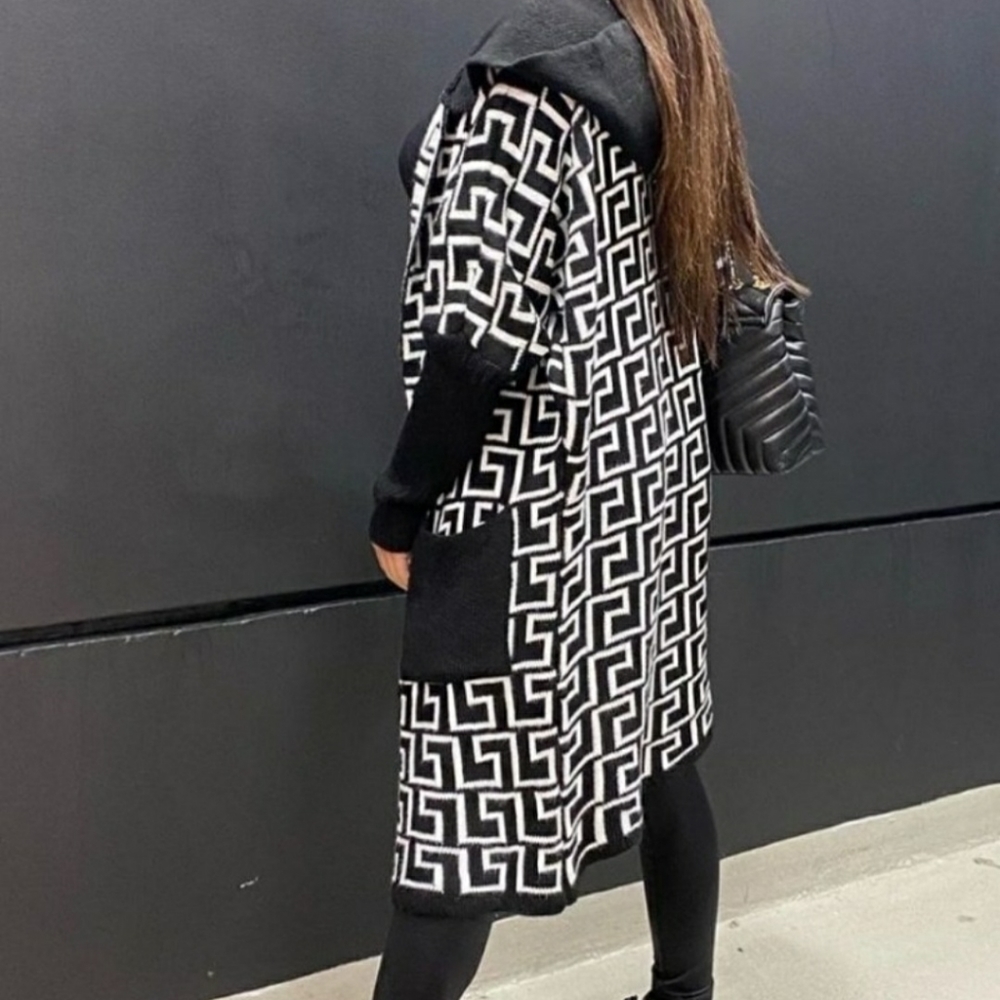 Geometric Hooded Cardigan Blk/Wht